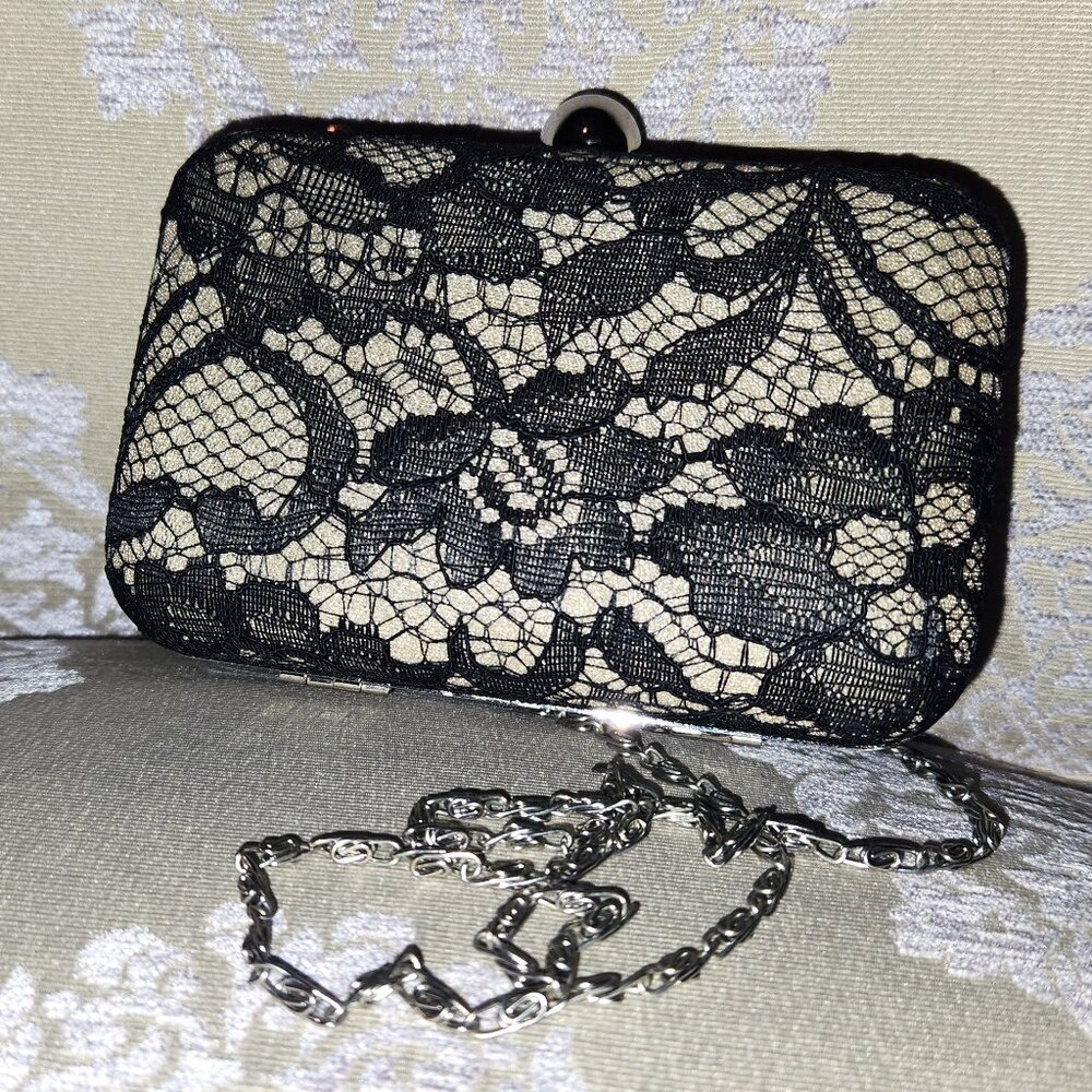 Evening Bag with Chain Strap - Black Lace over Cream Satin Hard Shell - NWOT